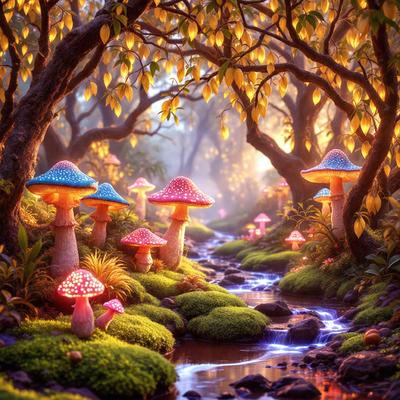 The primary subject of the image is a group of mushrooms, which are the main objects in the scene. They are situated in a lush green forest, surrounded by trees and a stream. The visual style of the image is digital art, as it appears to be a painting or drawing created using digital tools. The colors and mood of the image are vibrant and serene, with the greenery and water creating a peaceful and natural atmosphere.